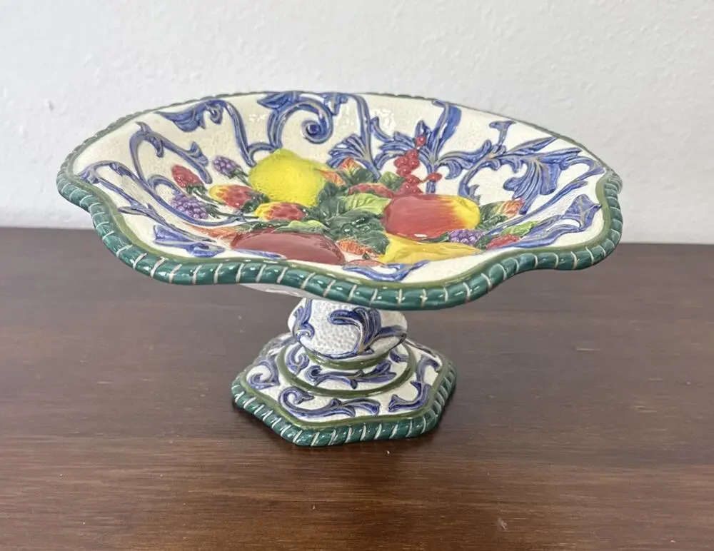 Vintage Fitz and Floyd Florentine Fruit Pedestal Compote Bowl Dish Majolica